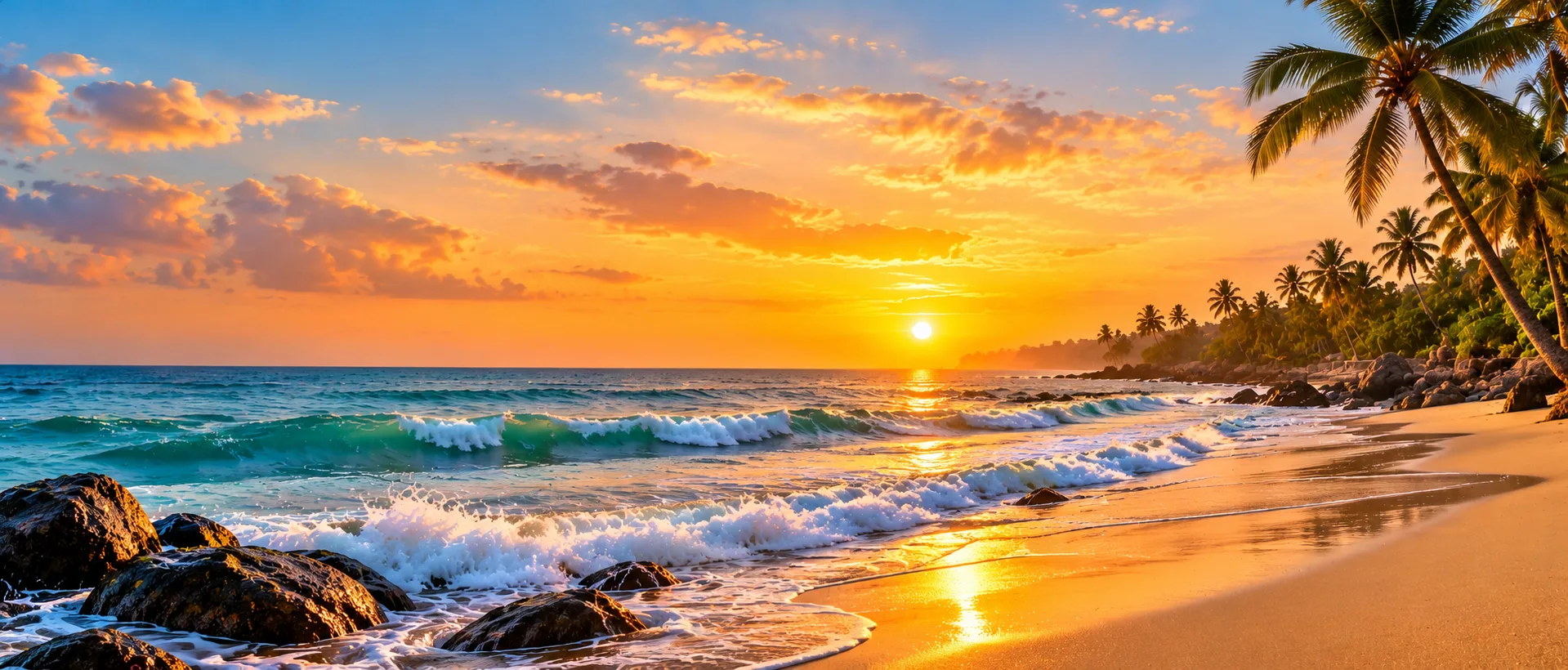Golden sunset over a tropical beach, with waves breaking on dark rocks and coconut palms along the shore